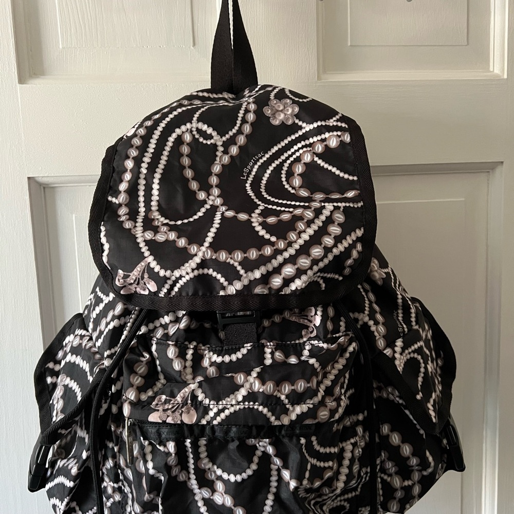 LeSportSac Voyager Backpack Black and White Beaded Pattern Backpack